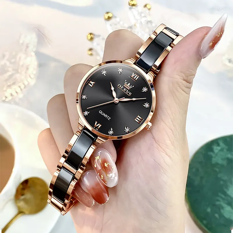 Olevs Luxurious Quartz Black Dial Ladies Watch- 5872